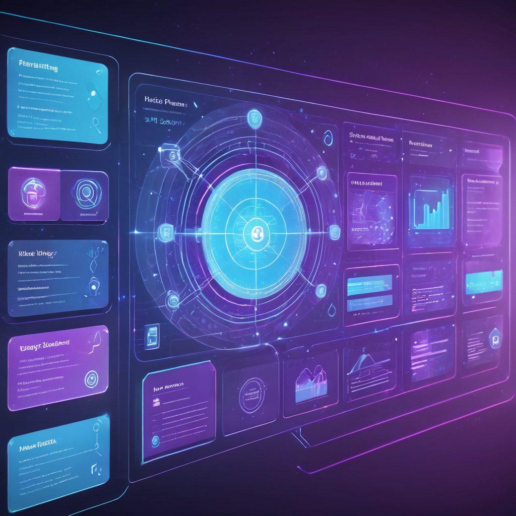 A dynamic, multi-layered digital interface with vibrant, interconnected nodes representing full-stack development. UI/UX design elements are seamlessly integrated with elegant lines and stylish icons. In the foreground, a futuristic digital hand manipulates a holographic touchscreen displaying interactive wireframes and AI-driven analytics. The background gently fades into a sleek blend of blues and purples, signifying innovation and connectivity. 3D. vibrant colors.