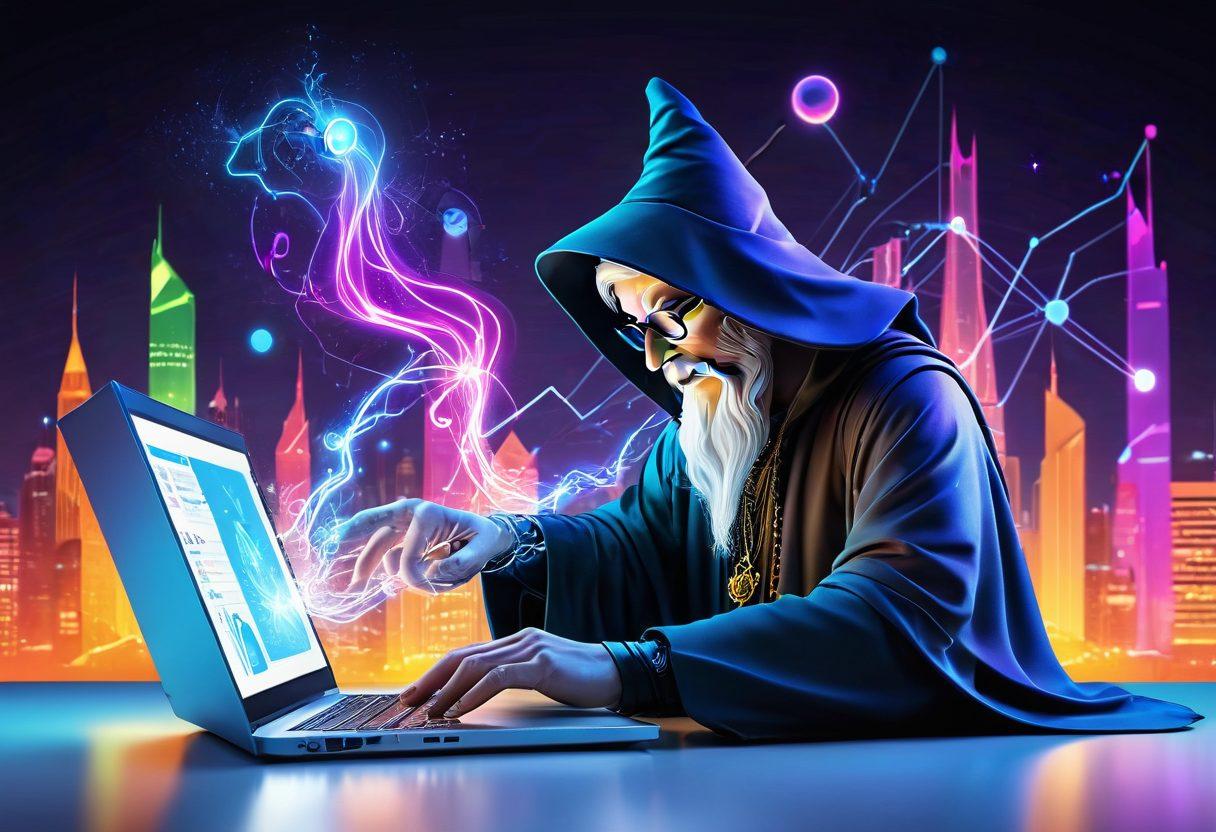 A sleek and modern digital wizard casting a spell into a laptop, from which websites, social media icons, and analytics graphs are emergent. The background transitions seamlessly from the digital realm on the left to a bustling urban setting on the right, symbolizing the connection between the online and real world. Colors should be vibrant with a slight futuristic glow. 3D. vibrant colors. white background.