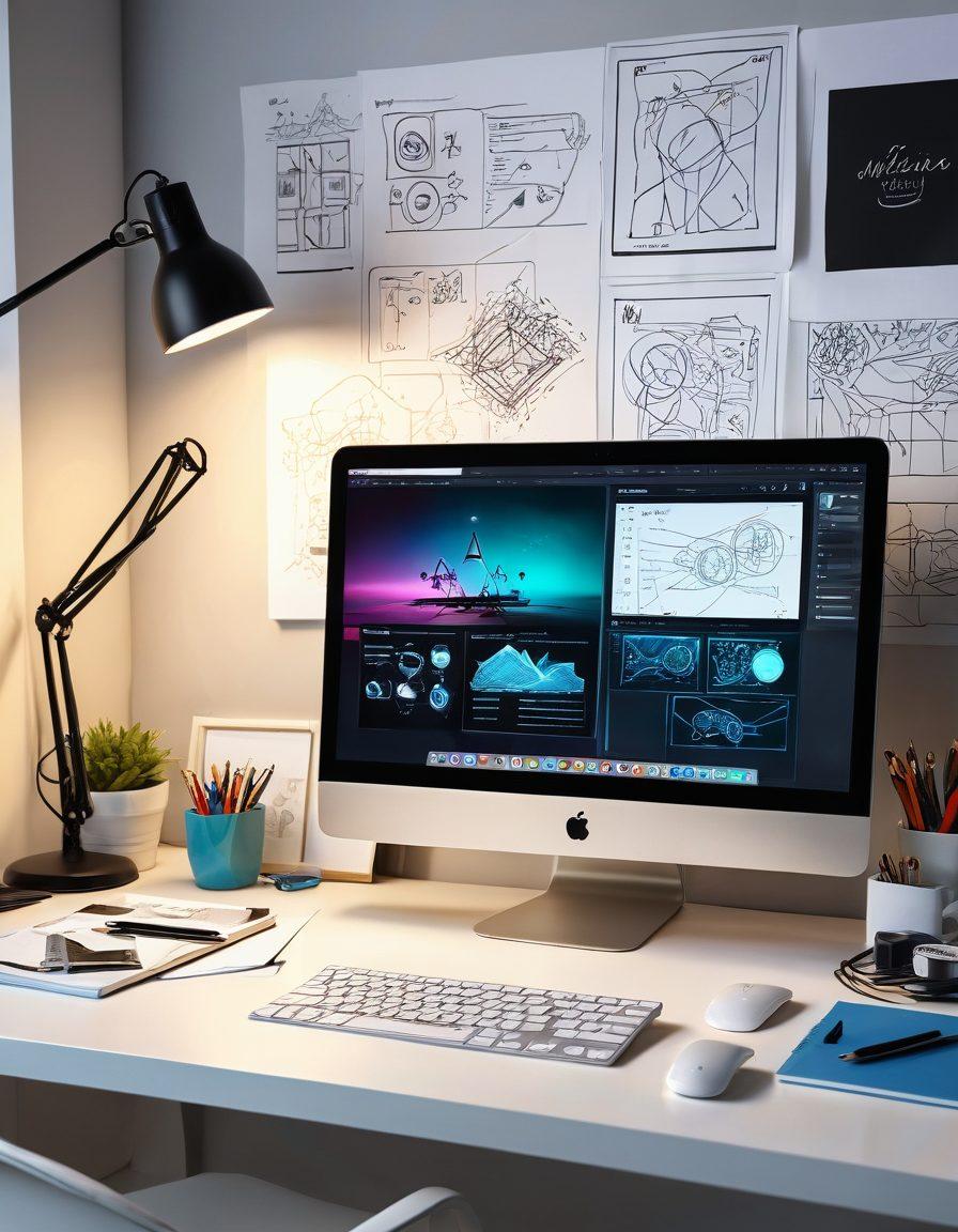 A modern workspace showcasing a sleek desktop with a stunning custom website on the screen, surrounded by design sketches, digital solution tools, and a glowing ambiance. A creative professional is in focus, deep in thought, contributing to an atmosphere of innovation and excellence. Vibrant, contemporary colors with a professional and polished finish. super-realistic. vibrant colors. clean aesthetic.